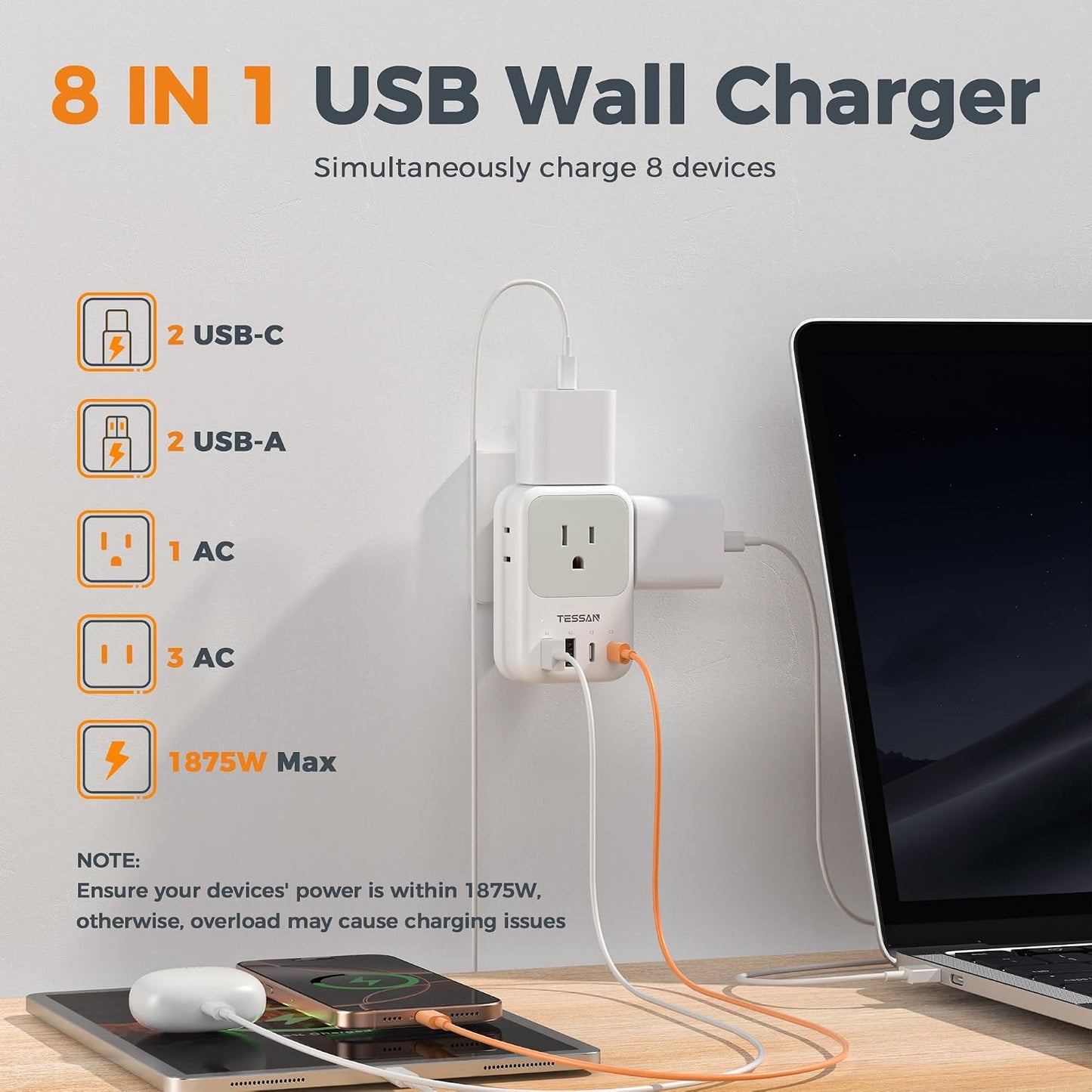 USB C Charger Block 20W PD, Fast Charging Adapter with Foldable Plug, 1875W Power Outlet Extender(4 AC and 4 USB) for Cruise, Home, Office, Dorm Room Essentials, Grey