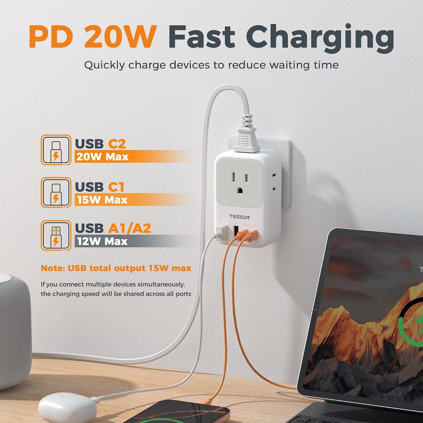 USB C Charger Block 20W PD, Fast Charging Adapter with Foldable Plug, 1875W Power Outlet Extender(4 AC and 4 USB) for Cruise, Home, Office, Dorm Room Essentials, Grey