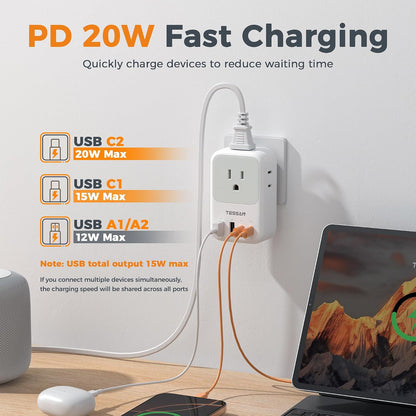 USB C Charger Block 20W PD, Fast Charging Adapter with Foldable Plug, 1875W Power Outlet Extender(4 AC and 4 USB) for Cruise, Home, Office, Dorm Room Essentials, Grey
