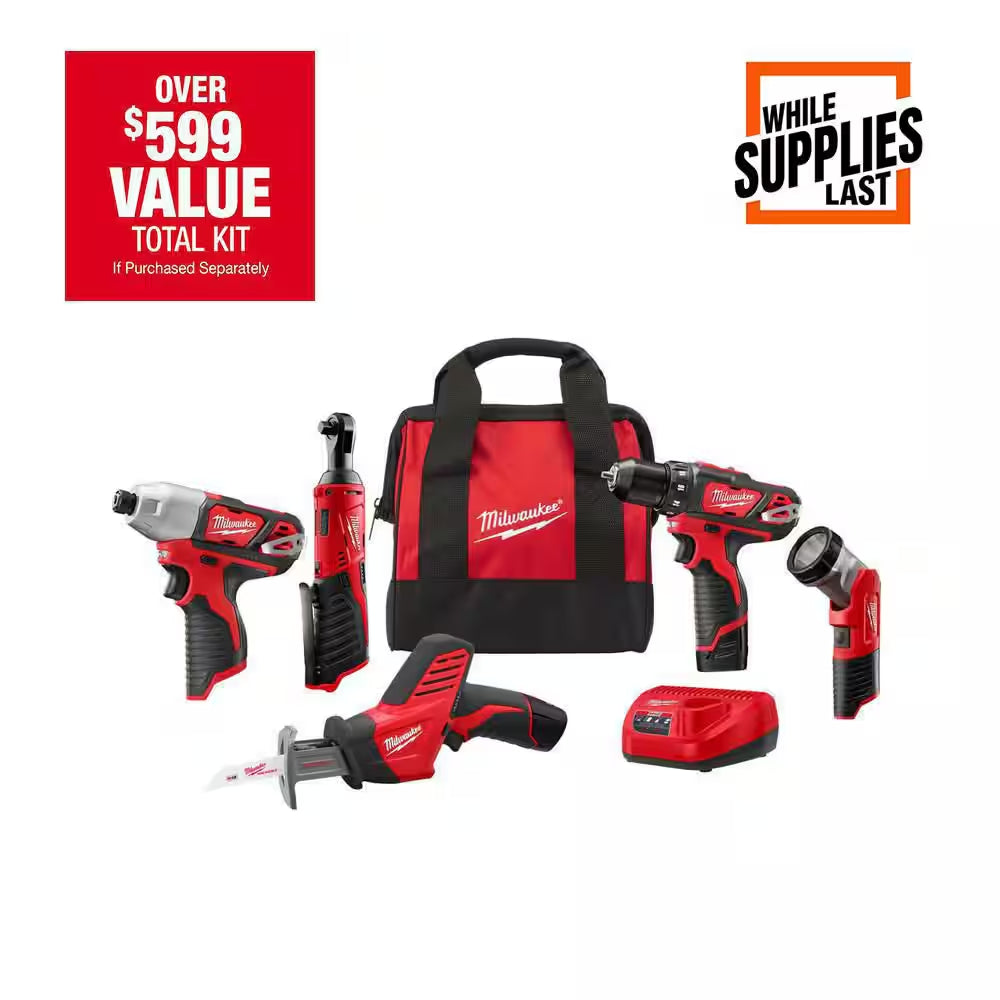 M12 12V Lithium-Ion Cordless Combo Kit (5-Tool) with Two 1.5 Ah Batteries, Charger and Tool Bag