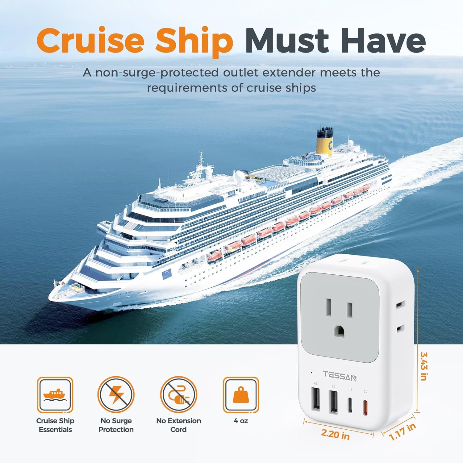 USB C Charger Block 20W PD, Fast Charging Adapter with Foldable Plug, 1875W Power Outlet Extender(4 AC and 4 USB) for Cruise, Home, Office, Dorm Room Essentials, Grey