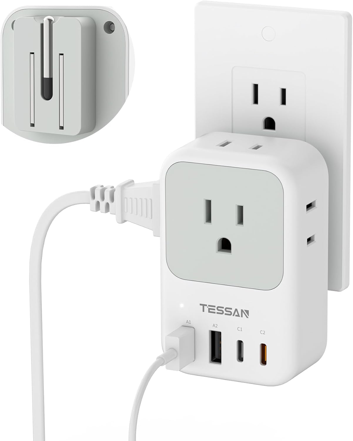 USB C Charger Block 20W PD, Fast Charging Adapter with Foldable Plug, 1875W Power Outlet Extender(4 AC and 4 USB) for Cruise, Home, Office, Dorm Room Essentials, Grey