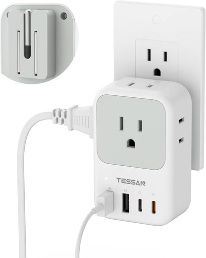 USB C Charger Block 20W PD, Fast Charging Adapter with Foldable Plug, 1875W Power Outlet Extender(4 AC and 4 USB) for Cruise, Home, Office, Dorm Room Essentials, Grey