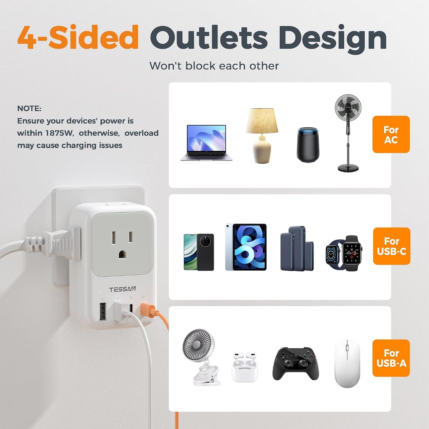 USB C Charger Block 20W PD, Fast Charging Adapter with Foldable Plug, 1875W Power Outlet Extender(4 AC and 4 USB) for Cruise, Home, Office, Dorm Room Essentials, Grey