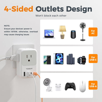 USB C Charger Block 20W PD, Fast Charging Adapter with Foldable Plug, 1875W Power Outlet Extender(4 AC and 4 USB) for Cruise, Home, Office, Dorm Room Essentials, Grey